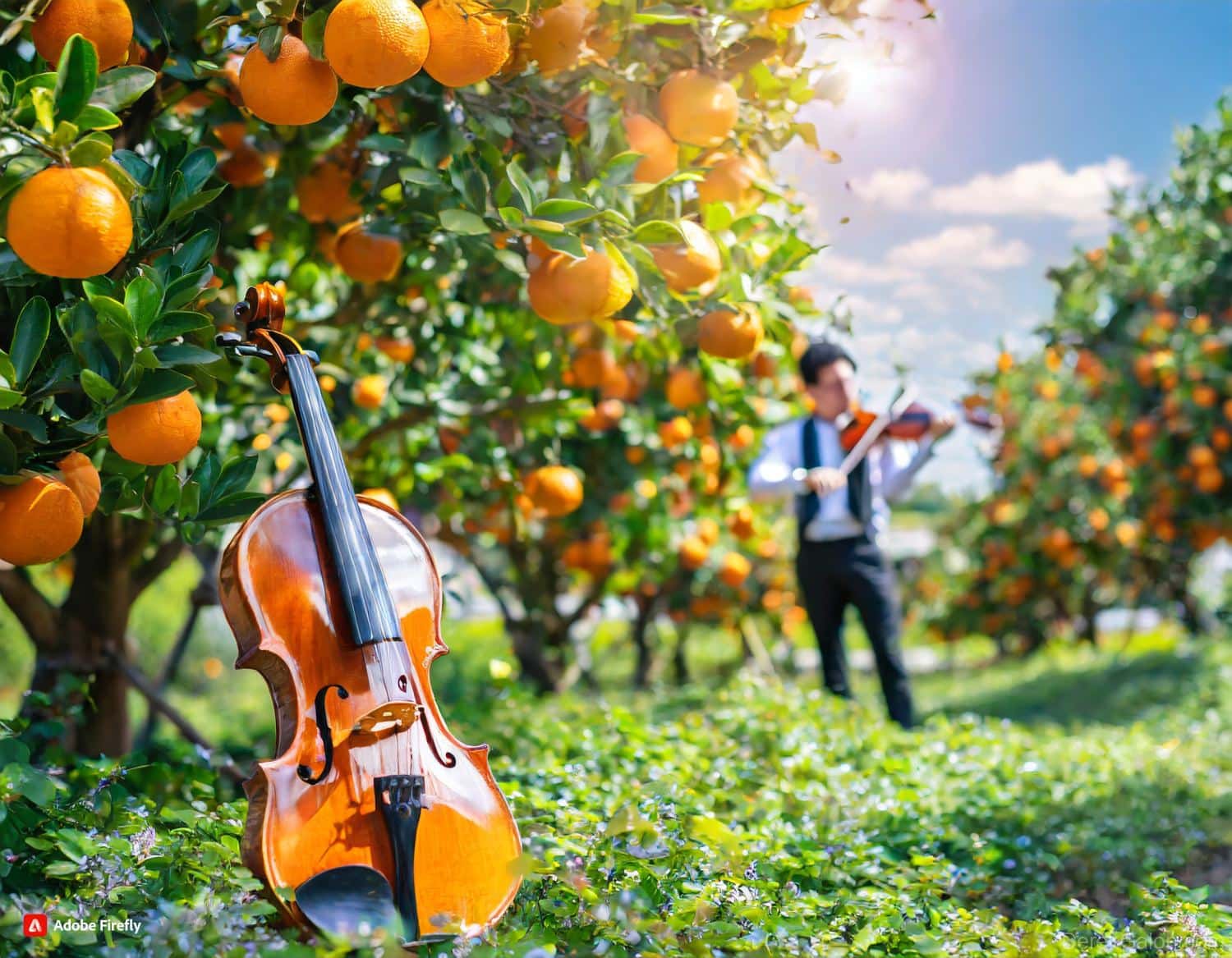 Firefly-orange-orchard-full-of-fruit-on-a-sunny-day.-far-in-background-a-classical-violinist-playing