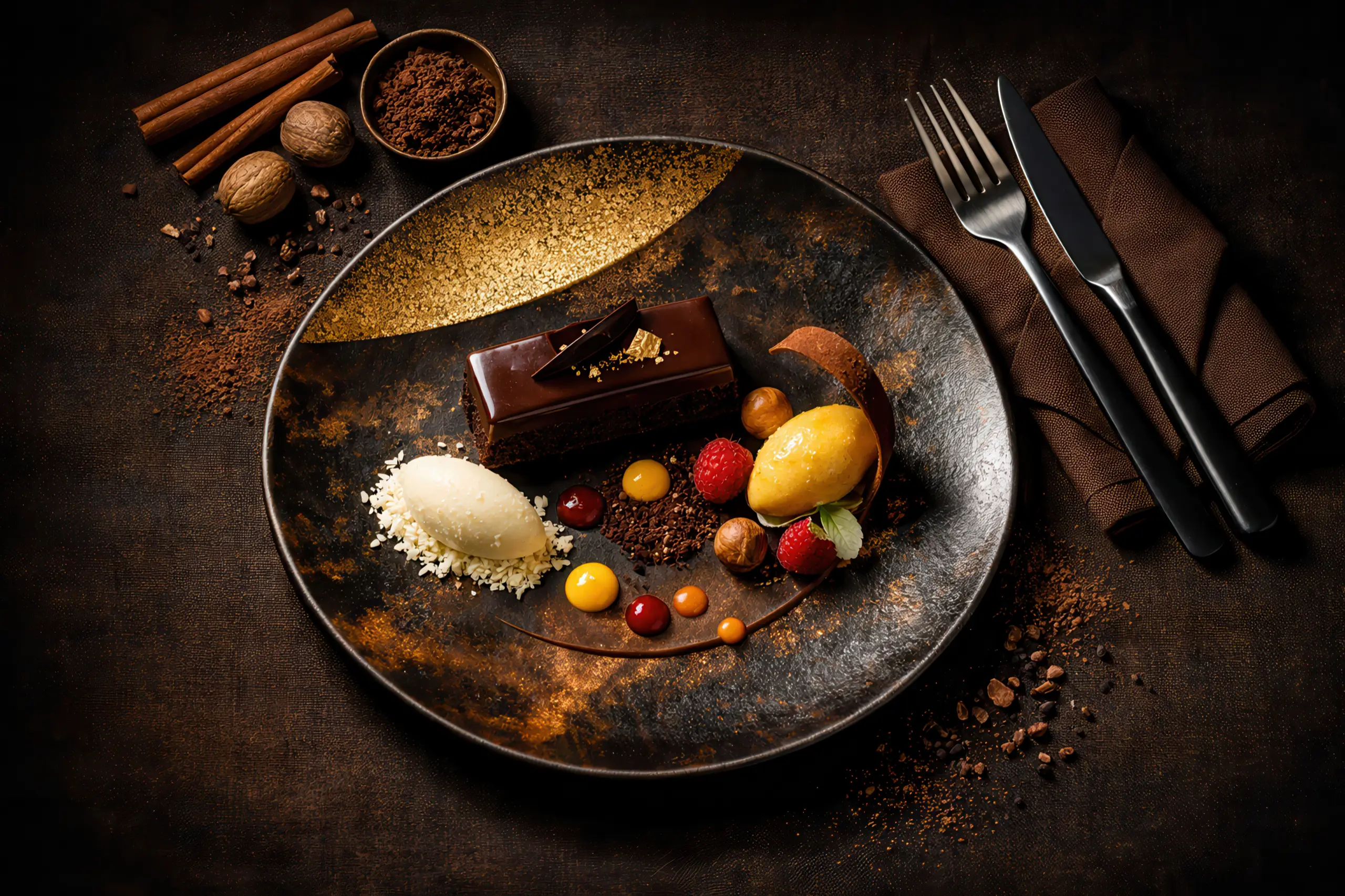 Chocolate dessert in luxe cuisine style.