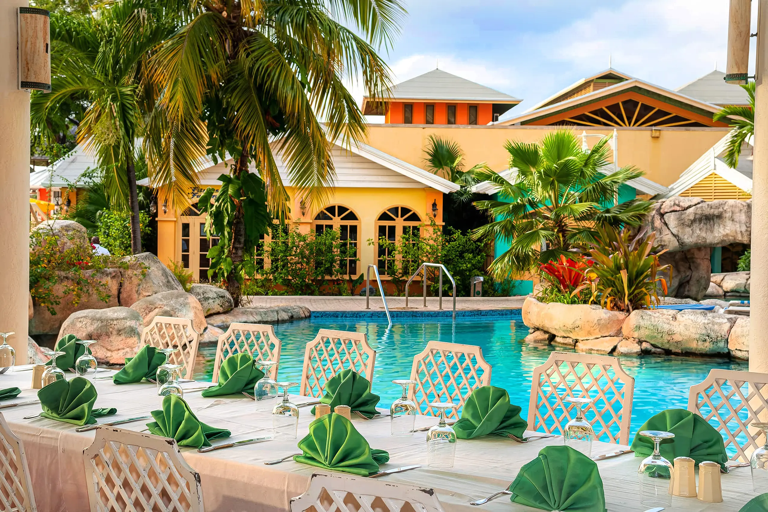 Party table by the pool at Lido Braco resort, Jamaica. Luxe lifestyle.