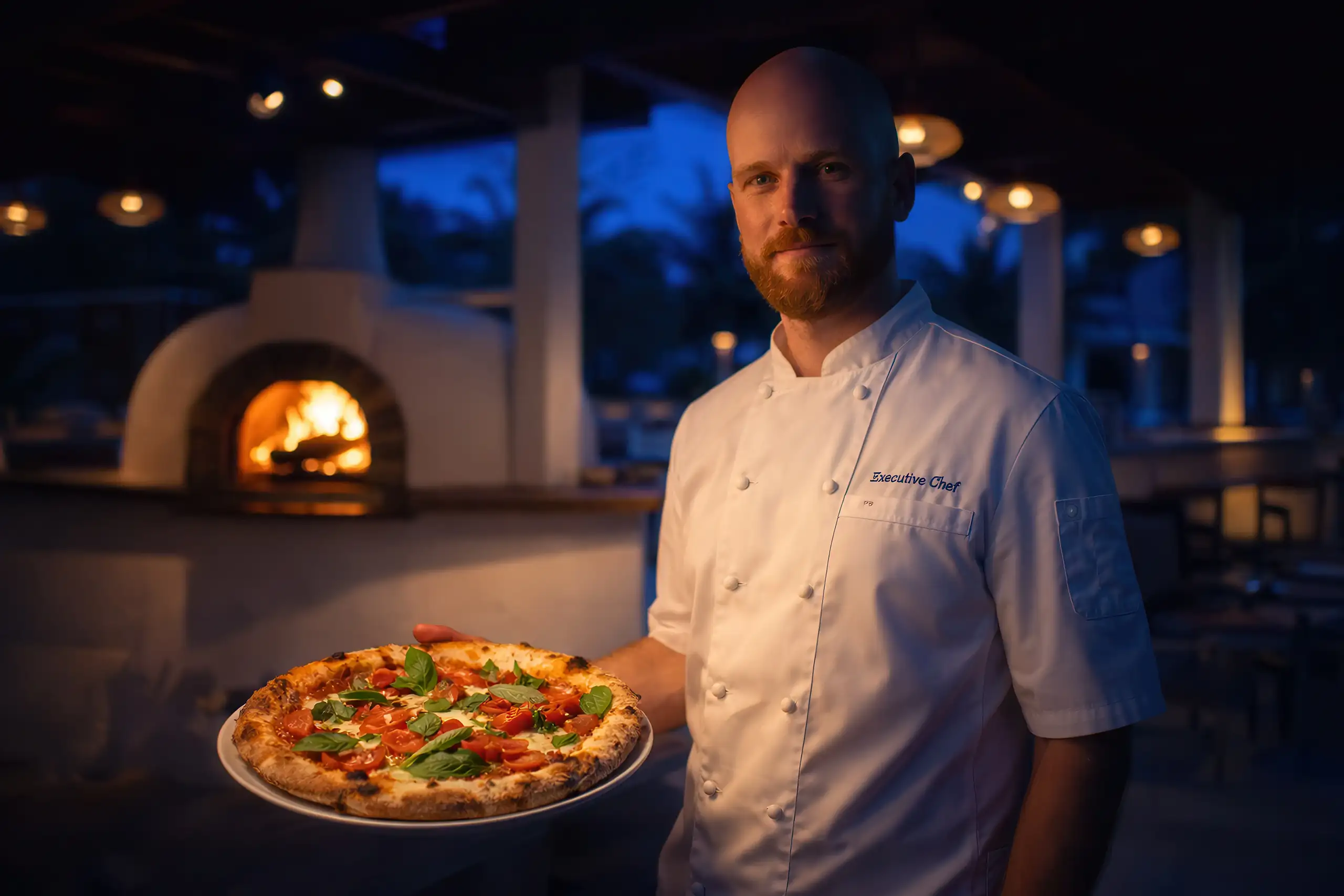 Pizza from a wood-fired oven presented by Chef.