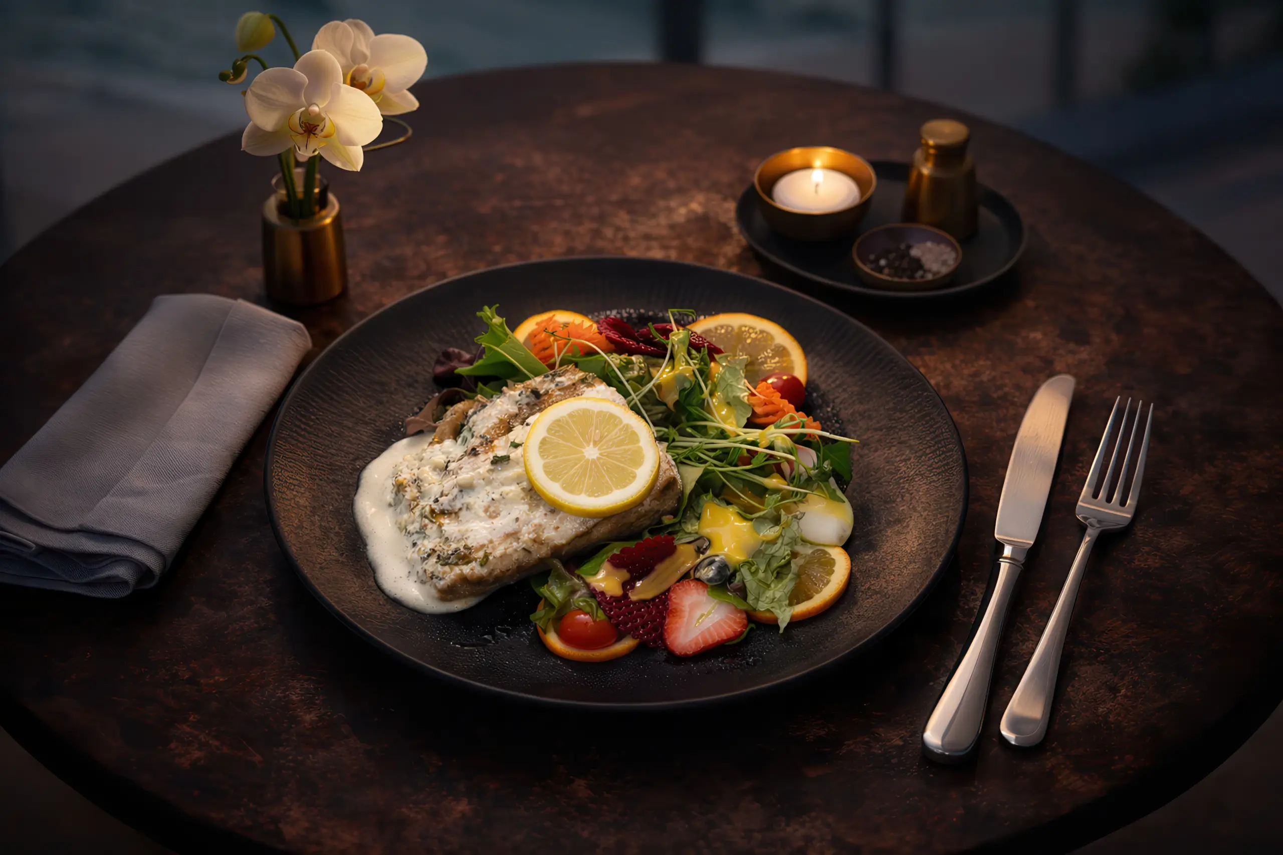 Beautifully served seafood plate at sunset.